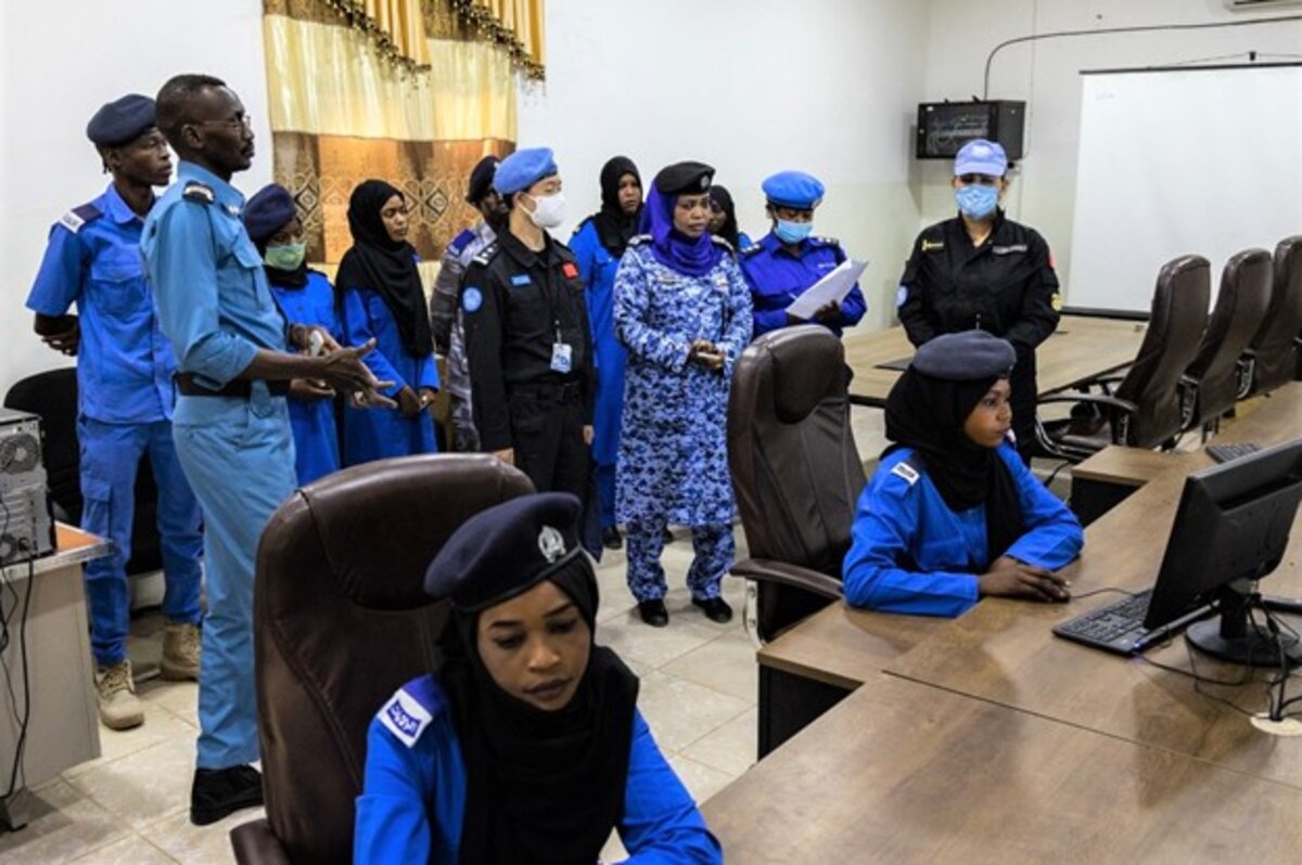 UN Individual Police Officers interacting with police colleagues in El Fasher, on investigation and prevention of sexual and gender-based violence. El Fasher, North Darfur. 19 May 2021