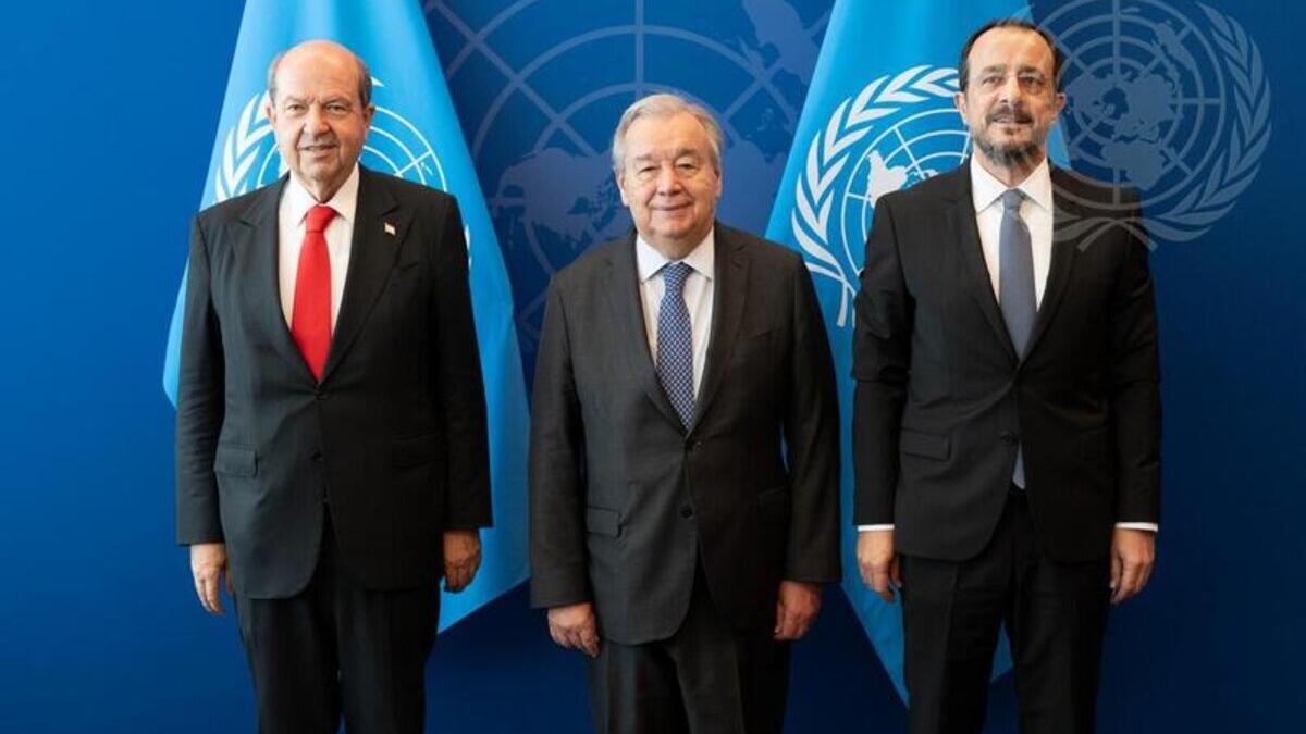 The Secretary-General (center), with the Greek Cypriot leader, Nikos Christodoulides (left)  and the Turkish Cypriot leader, Ersin Tatar (right).