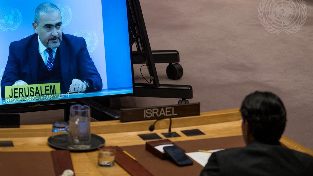 Ramiz Alakbarov (on screen), Deputy Special Coordinator for the Middle East Peace Process, United Nations Resident and Humanitarian Coordinator, briefs the Security Council meeting on the situation in the Middle East, including the Palestinian question. [UN Photo/ Mark Garten - 16 December 2025]